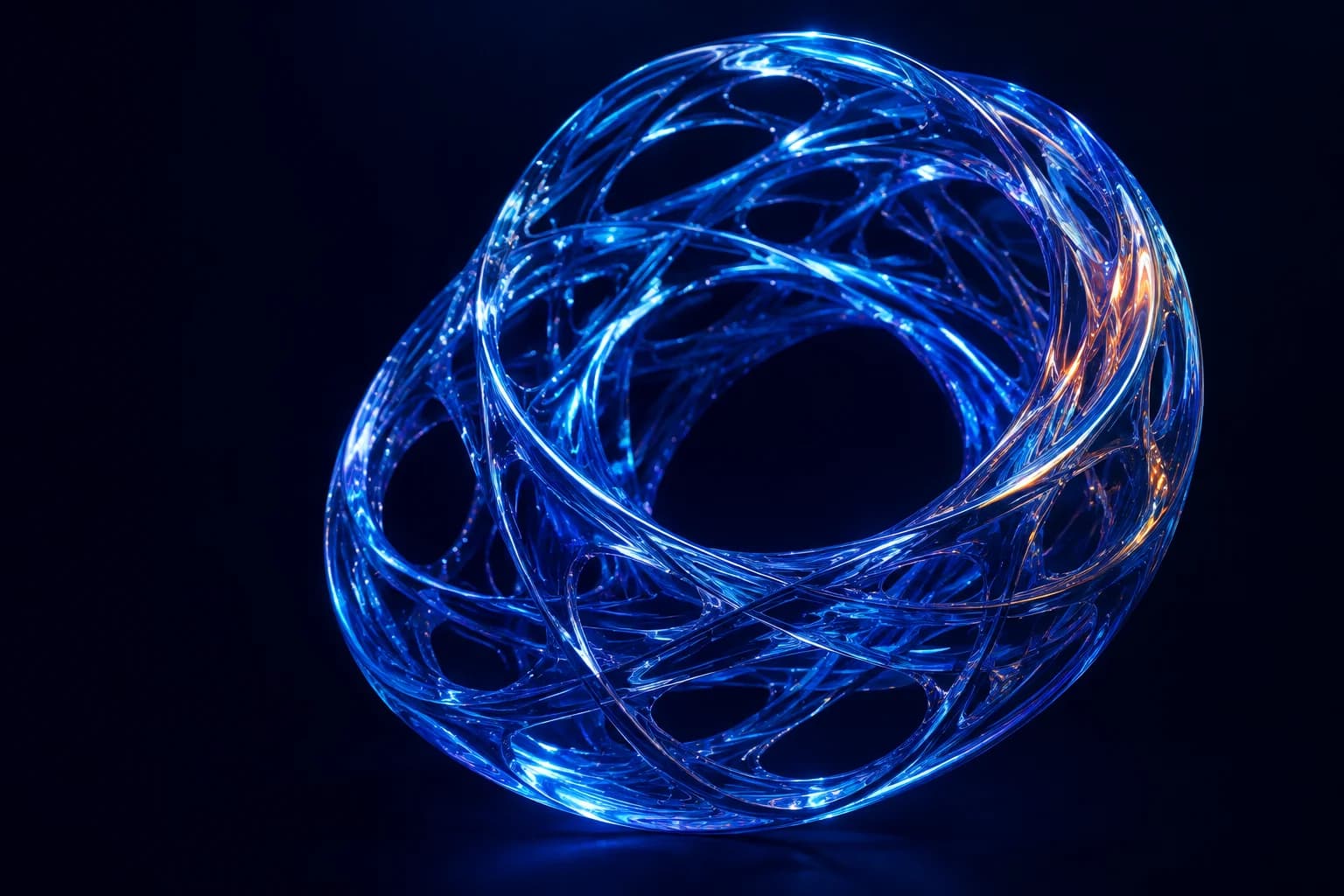 An interwoven cobalt glass sculpture, a visual metaphor for connected, iterative research